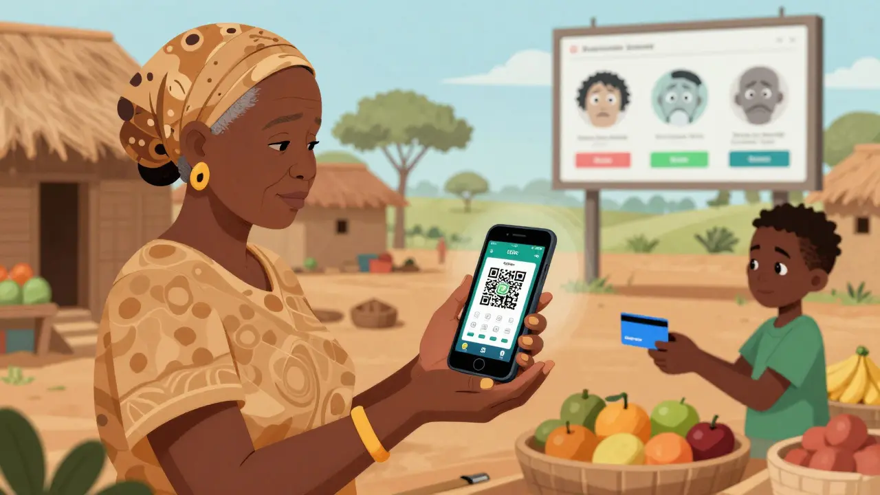 An elderly woman in a rural village sends money via a basic phone using a CBDC QR code, with a child paying at a market using NFC.