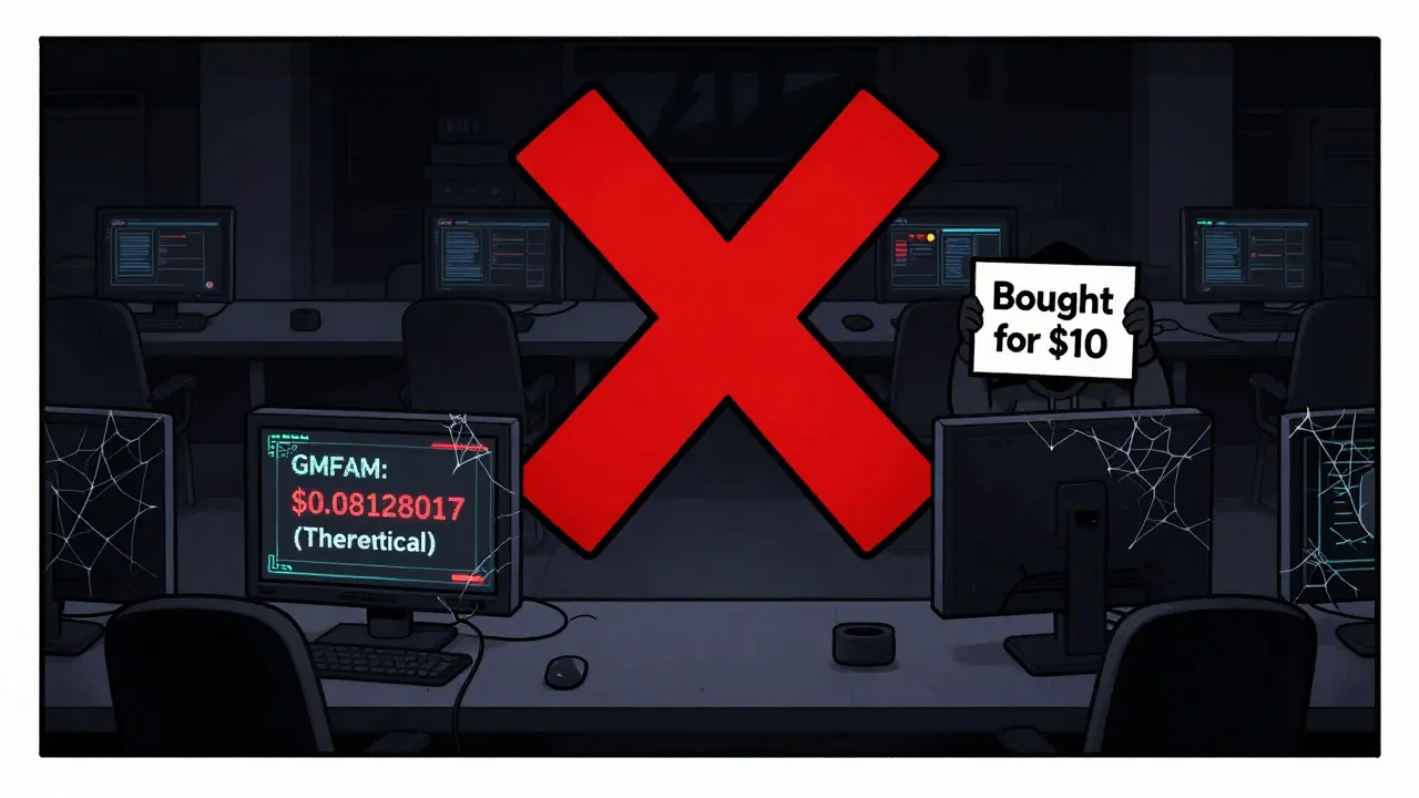 An empty crypto trading floor with a single blinking screen showing a fake GMFAM price, shadows of failed investors in the background.