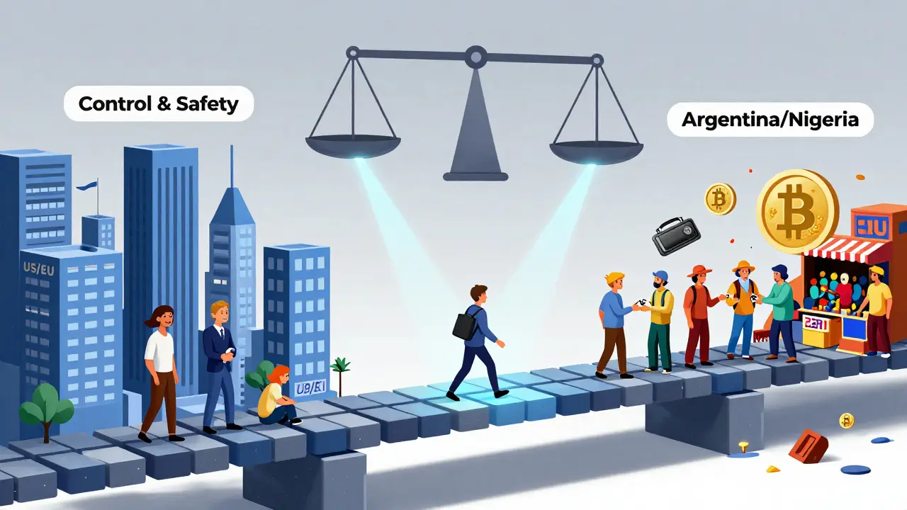 Bridge of blockchain blocks connecting regulated and unregulated crypto regions with safety vs freedom scale.