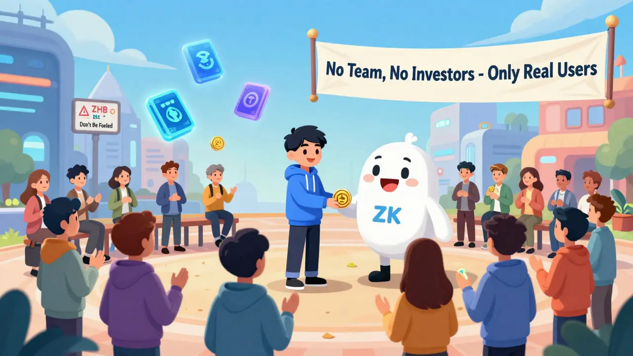 Community members receiving ZKS tokens from a mascot, with NFTs floating and a 'ZKB ≠ ZKS' warning sign.