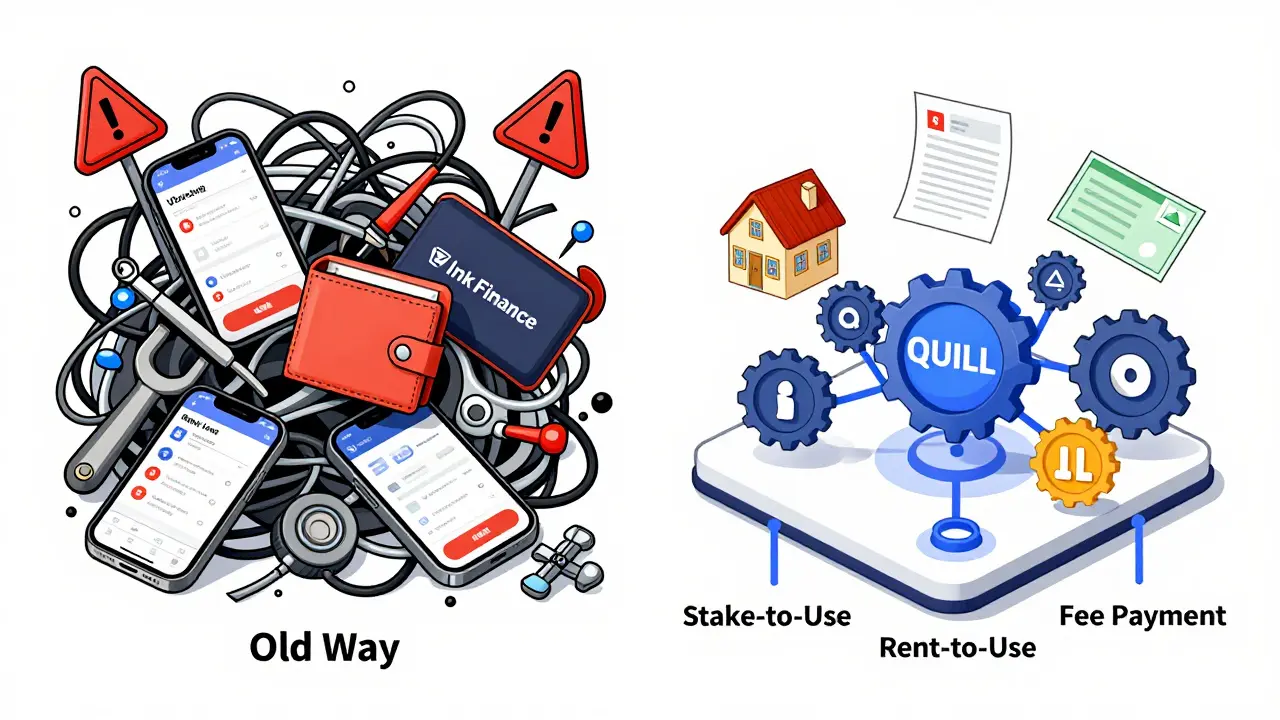 Contrast between chaotic old DAO tools and a unified Ink Finance platform integrating crypto and real-world assets.