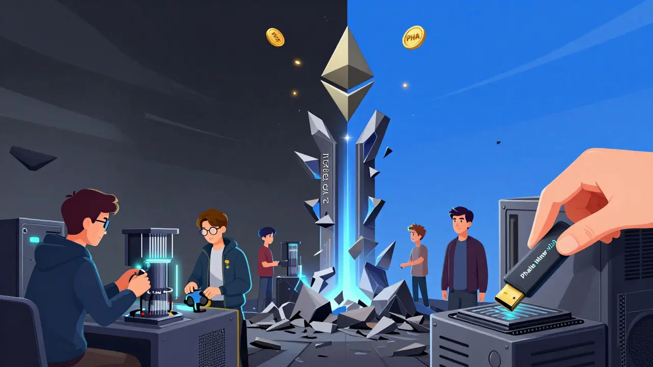 Ethereum Layer 2 tower rising from Polkadot ruins, developers upgrading mining rigs with PHA tokens floating up.