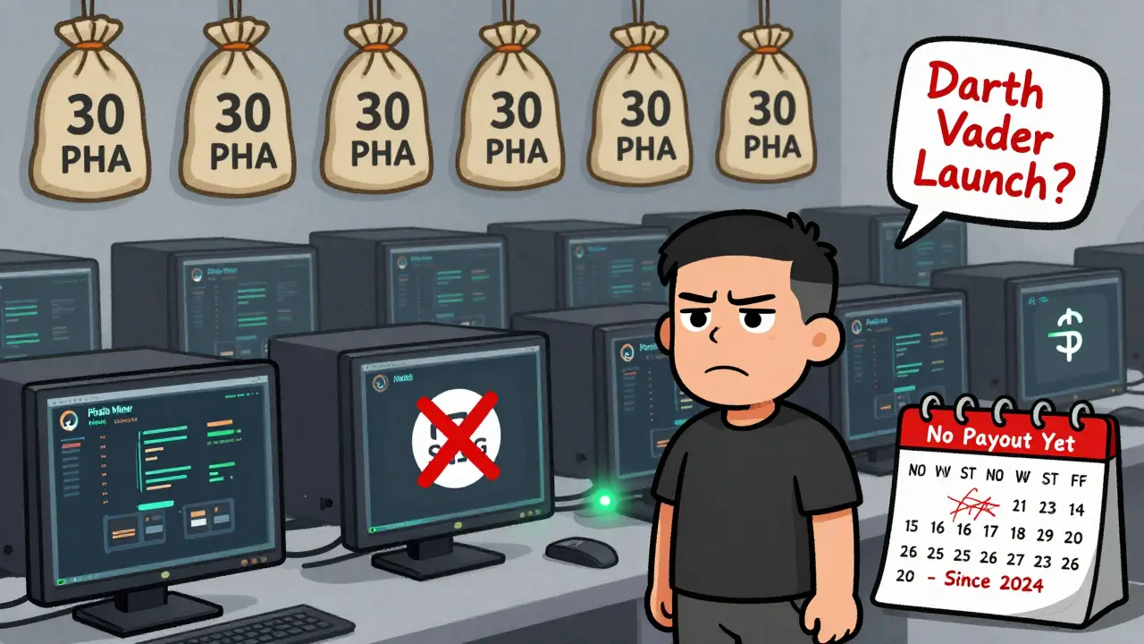Miner surrounded by idle computers with empty PHA token bags and a calendar showing long delays.