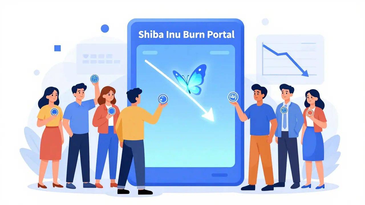 People dropping tokens into a digital portal that turns them into glowing NFT butterflies, representing community-driven burning.