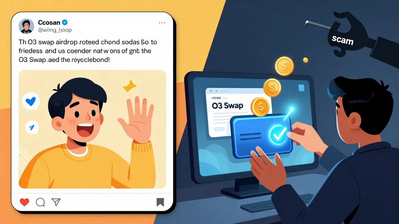 Person claiming O3 airdrop via Twitter and HECO wallet, with a scammer trying to interfere.