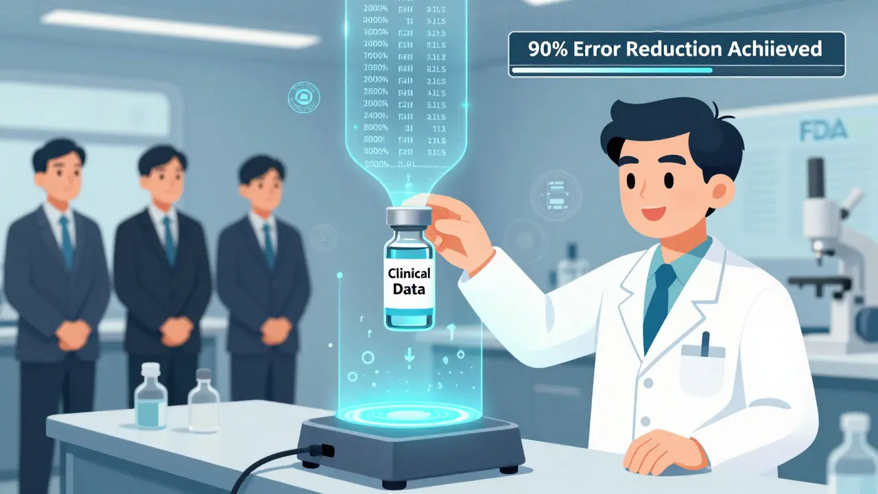 Pharmacist placing trial data into a blockchain scanner with digital audit trail rising toward an FDA emblem.