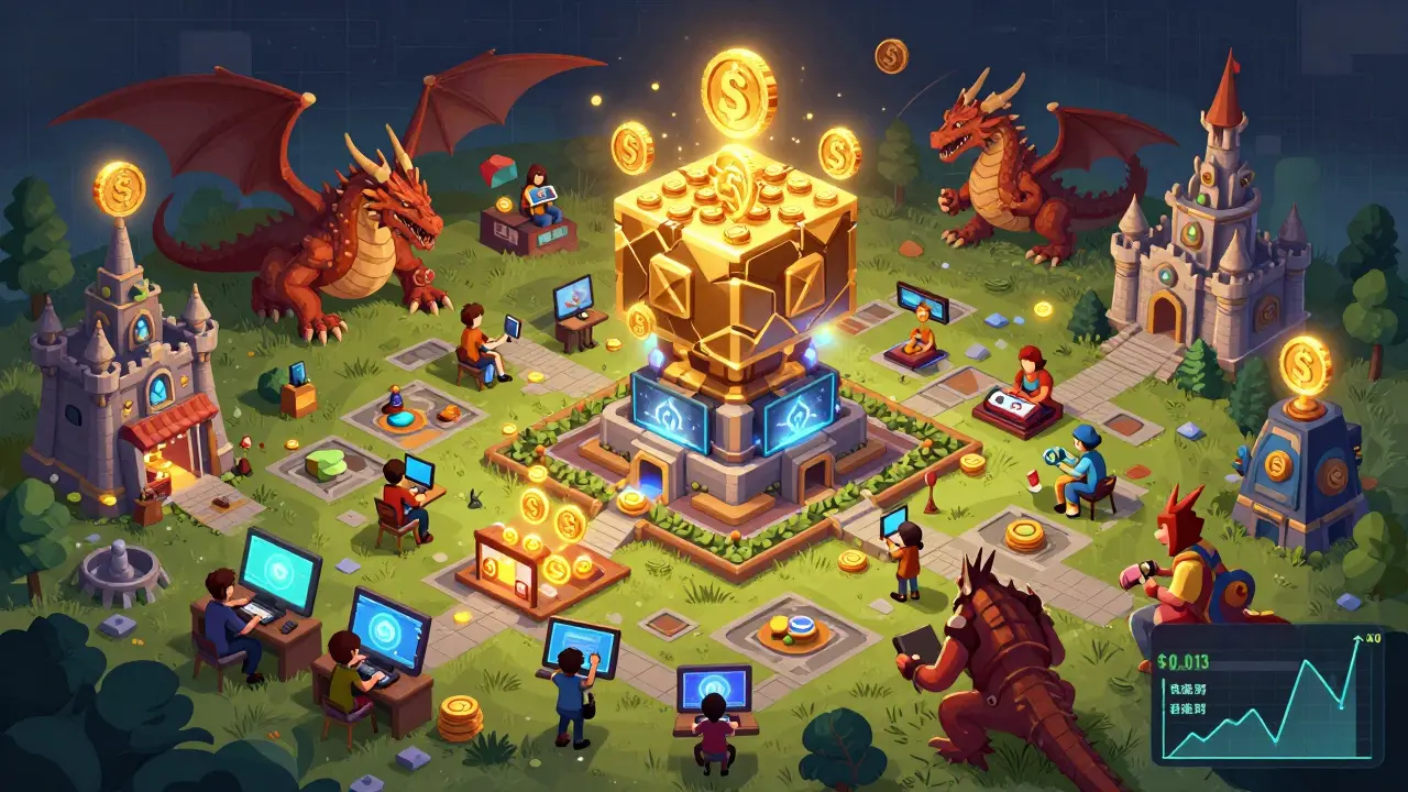 Players use SHARDS tokens to buy gear and land in a vibrant Web3 MMORPG world, with token price stabilizing as the game thrives.