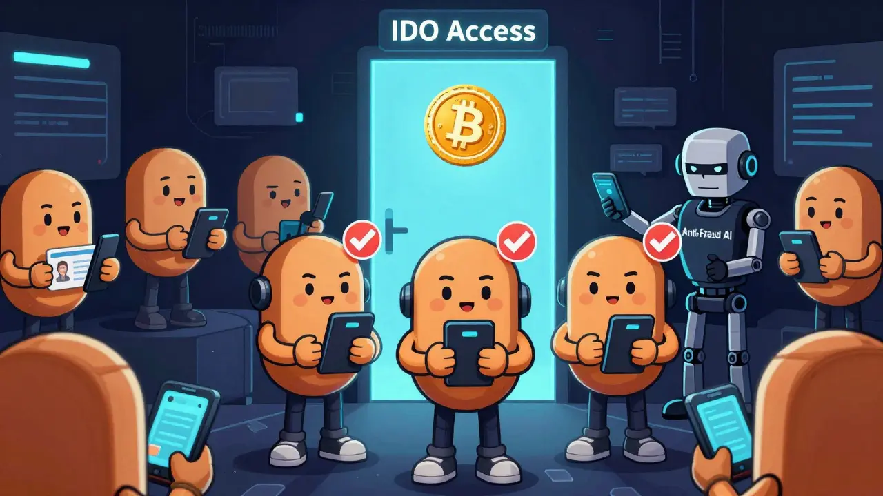 Robotic gatekeeper filtering out fake crypto wallets while five genuine users approach a door labeled 'IDO Access'.