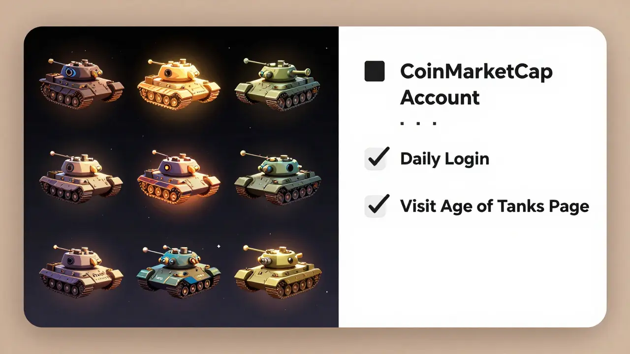 Seven hundred unique tank NFTs float in a grid, with a checklist showing simple steps to enter the airdrop.