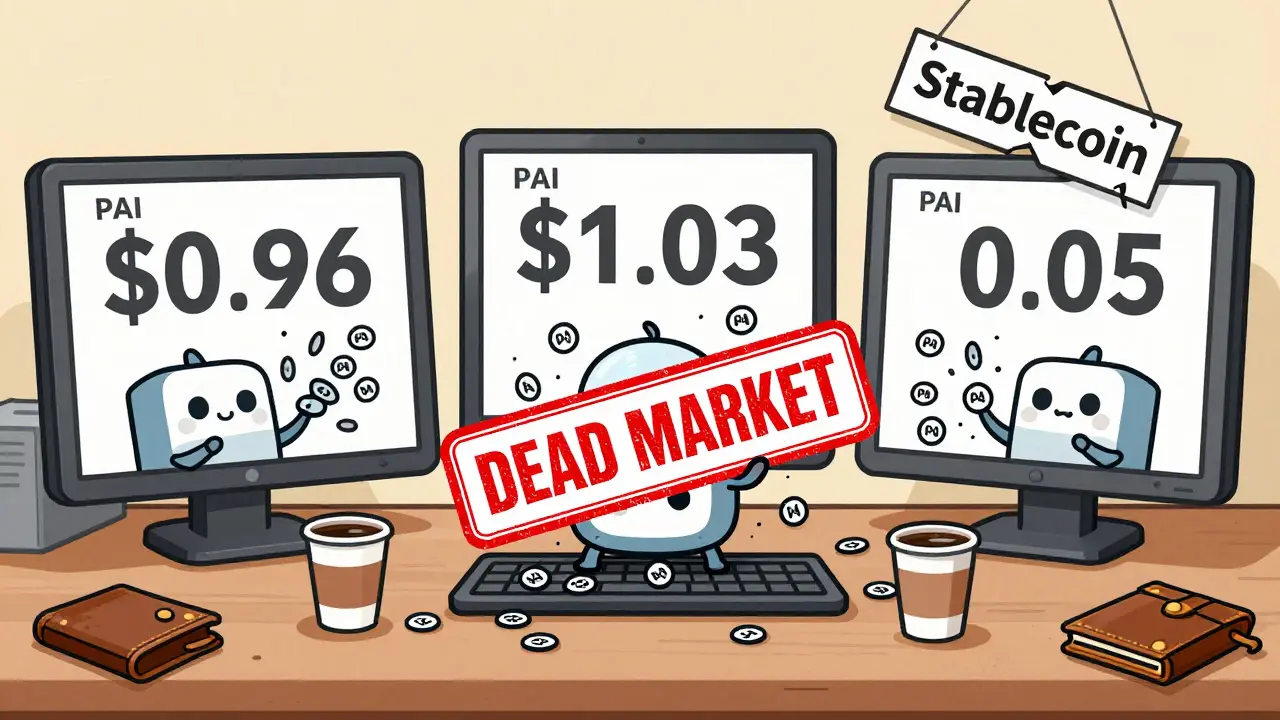 Three exchange screens showing wildly different PAI prices while bots trade useless tokens.