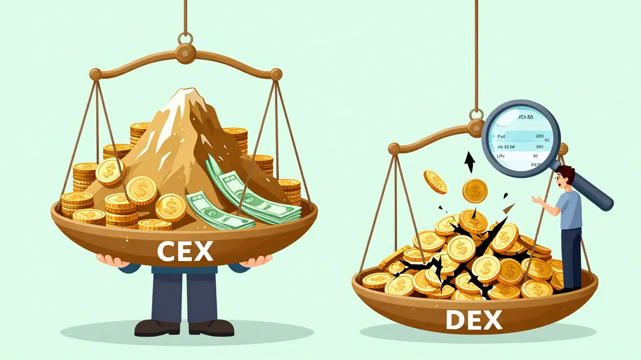 Trader balancing CEX stability against DEX slippage risks using giant scales in cartoon illustration.