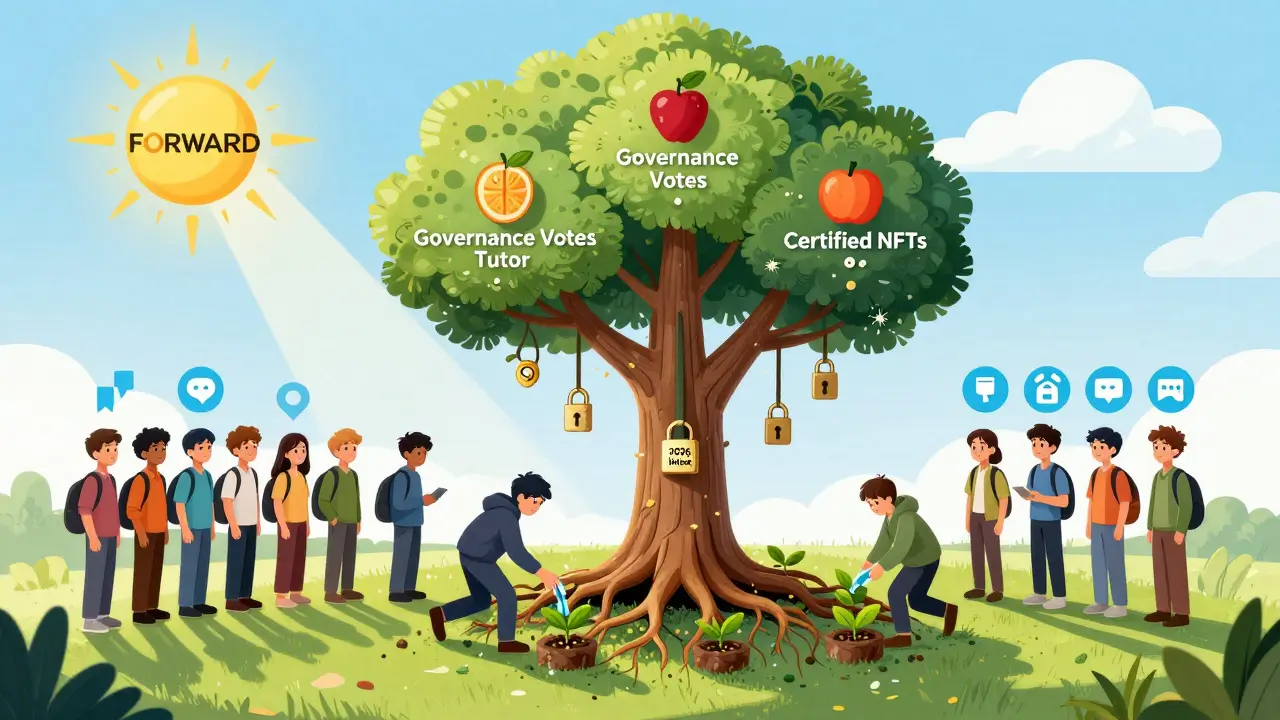 Tree with vesting roots and token fruit, learners nurturing it for future unlocks in a decentralized education ecosystem.