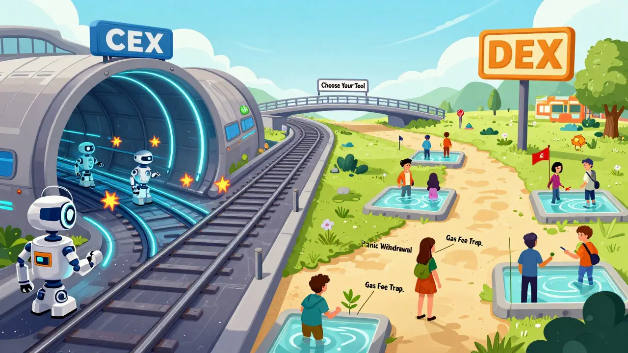 Two paths for crypto trading — CEX speed tunnel and DEX open trail — connected by a hybrid bridge in editorial style.