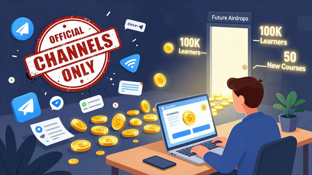 User checking Gate.io wallet for FORWARD tokens while fake scams are crushed under an official channels stamp.