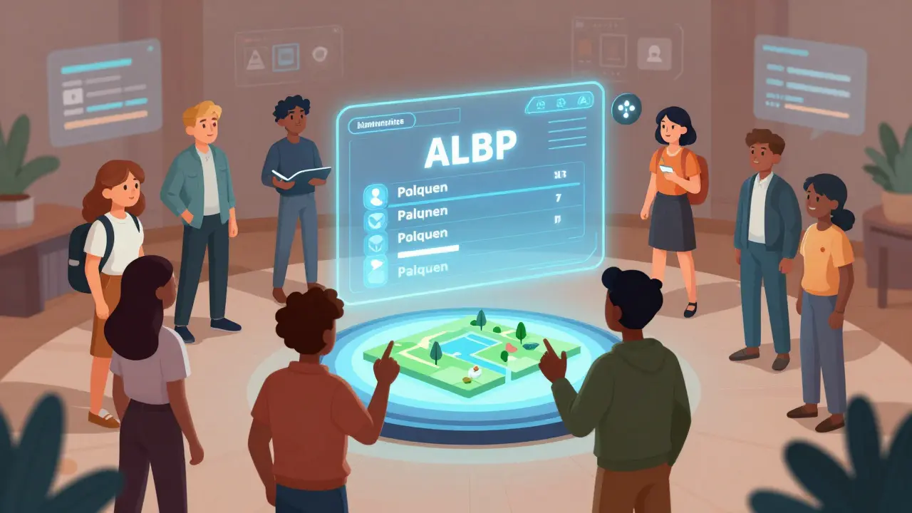 A community of avatars gathering around a holographic ALBP ranking system in the Lepasa Metaverse.