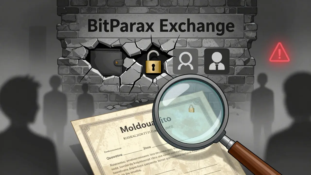 A crumbling BitParax wall reveals empty wallets and fading registration papers, surrounded by shadowy failed exchanges.