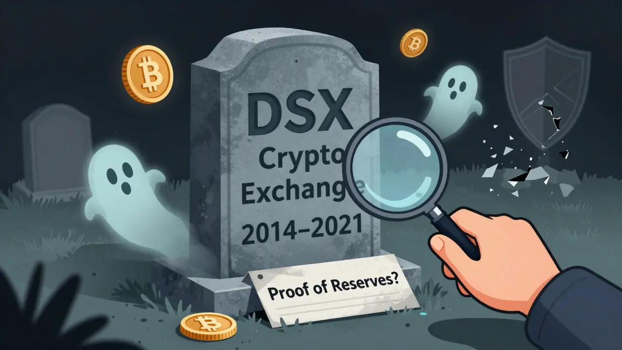 A digital tombstone for DSX with fading crypto coins and a magnifying glass over a missing proof of reserves label.
