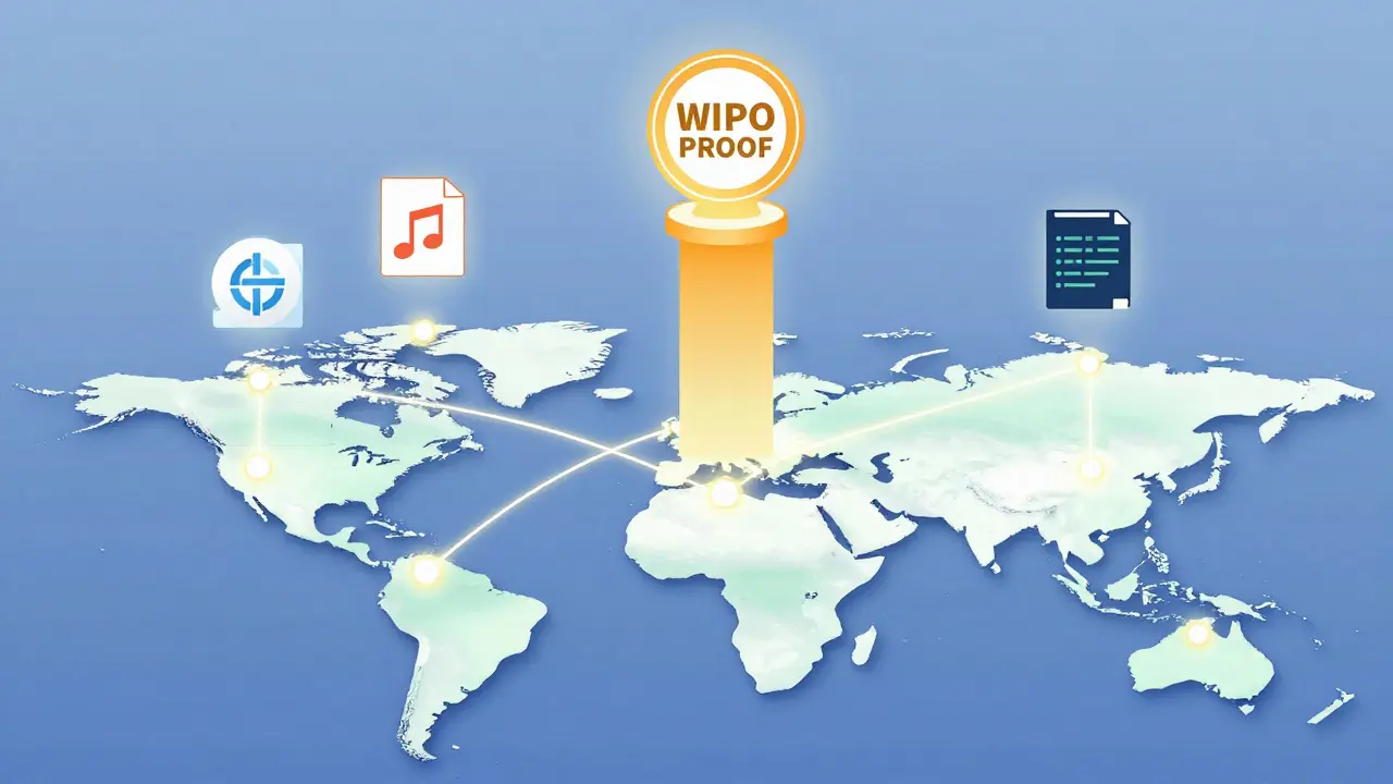 A global map shows WIPO PROOF tokens anchored by a blockchain pillar, connecting digital creations from major cities.