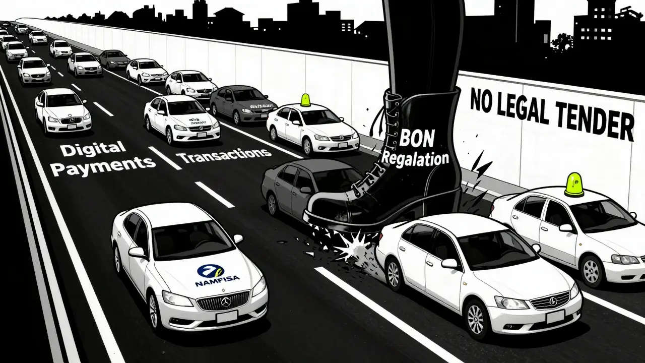 A highway lets corporate entities pass but blocks individual crypto users behind a 'No Legal Tender' wall.
