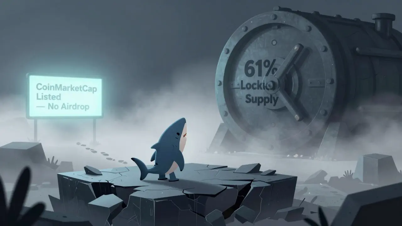 A lone shark NFT stands on a crumbling blockchain platform, gazing at a massive vault labeled '61% Locked Supply' while a distant sign says 'No Airdrop'.