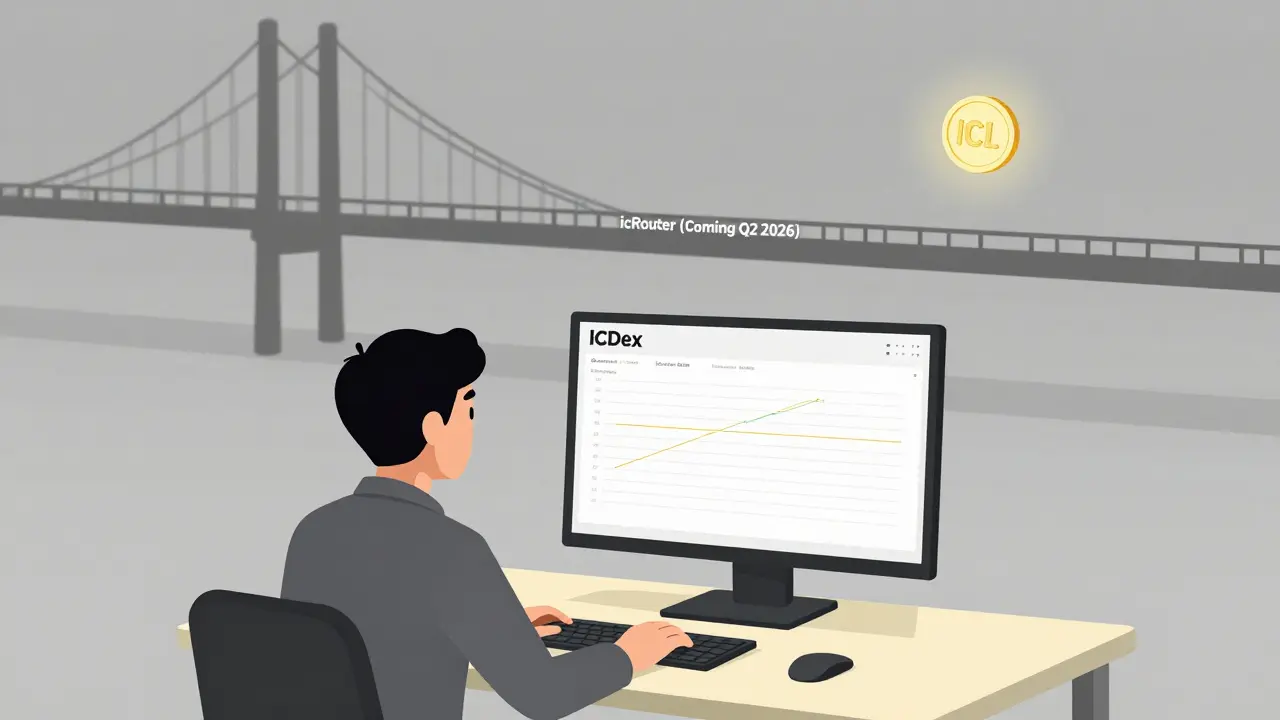 A lone trader facing a nearly empty order book on ICDex, with a missing bridge in the background.