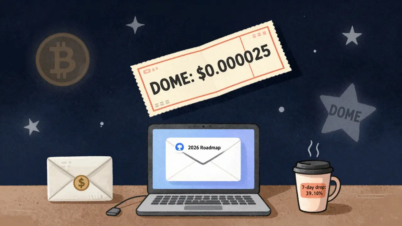 A lottery ticket labeled DOME floating in space, with a silent Discord and unopened roadmap on a dusty desktop below.