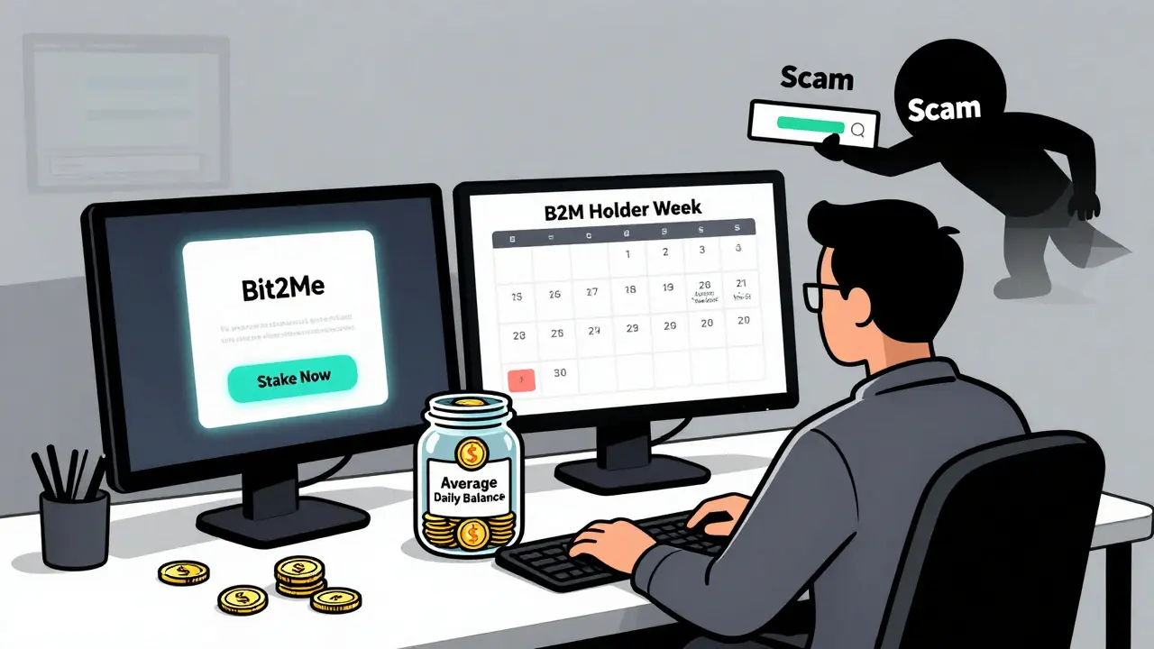 A person at a desk with Bit2Me app and calendar showing recurring airdrops, while a shadowy scammer tries to interfere.