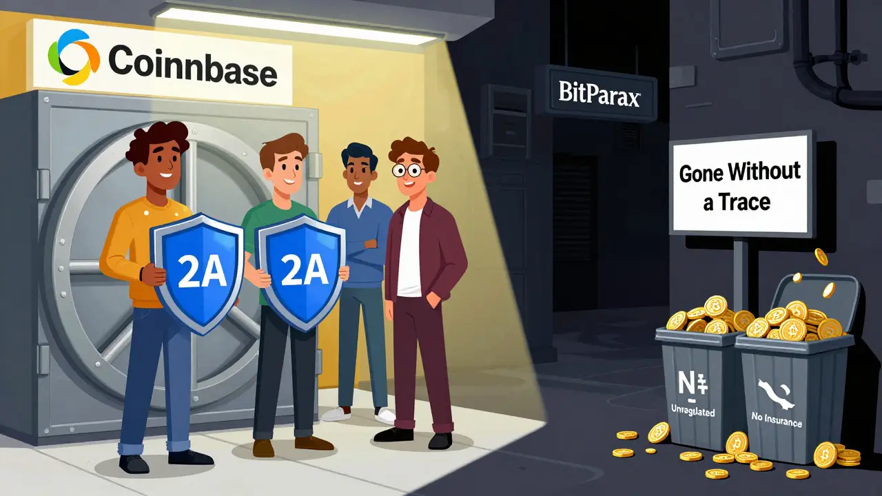 A secure, well-lit exchange contrasts with a dark alley labeled 'BitParax' where a 'Gone Without a Trace' sign hangs.