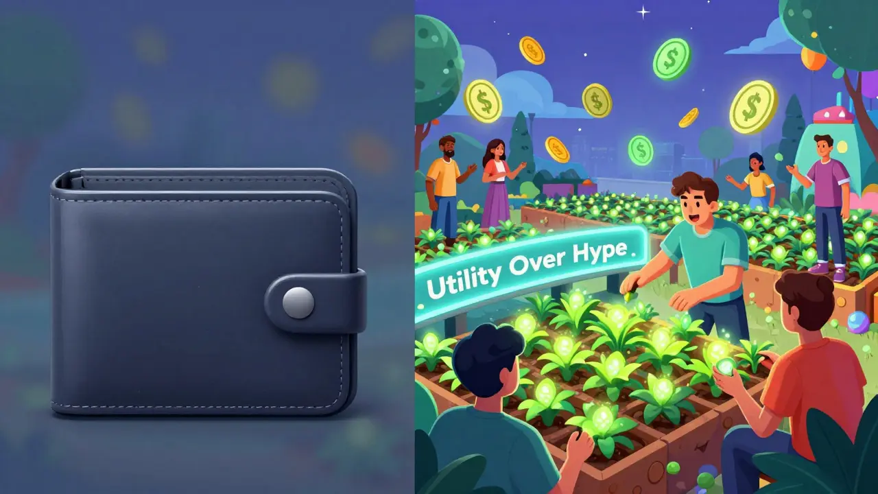 A side-by-side comparison: an inactive NFT in a wallet versus the same NFT actively used in a thriving virtual farm.