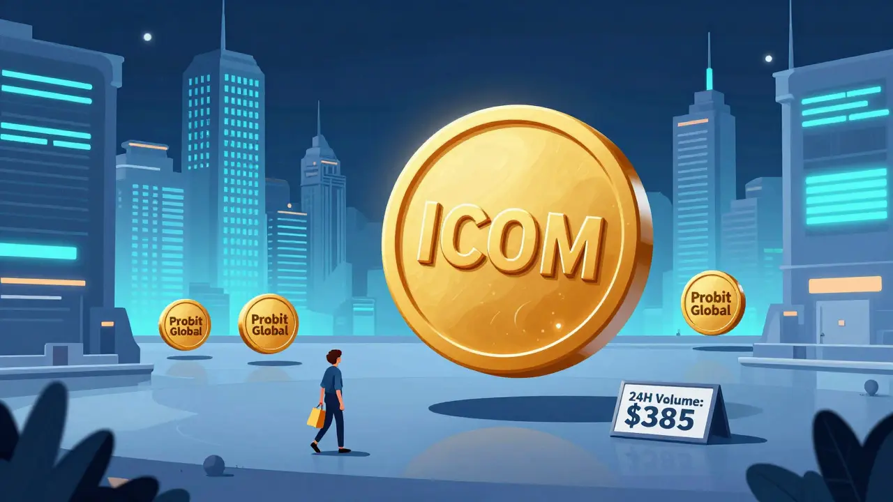 A single ICOM token floats alone in a nearly empty crypto marketplace, dwarfed by giant exchanges in the distance.