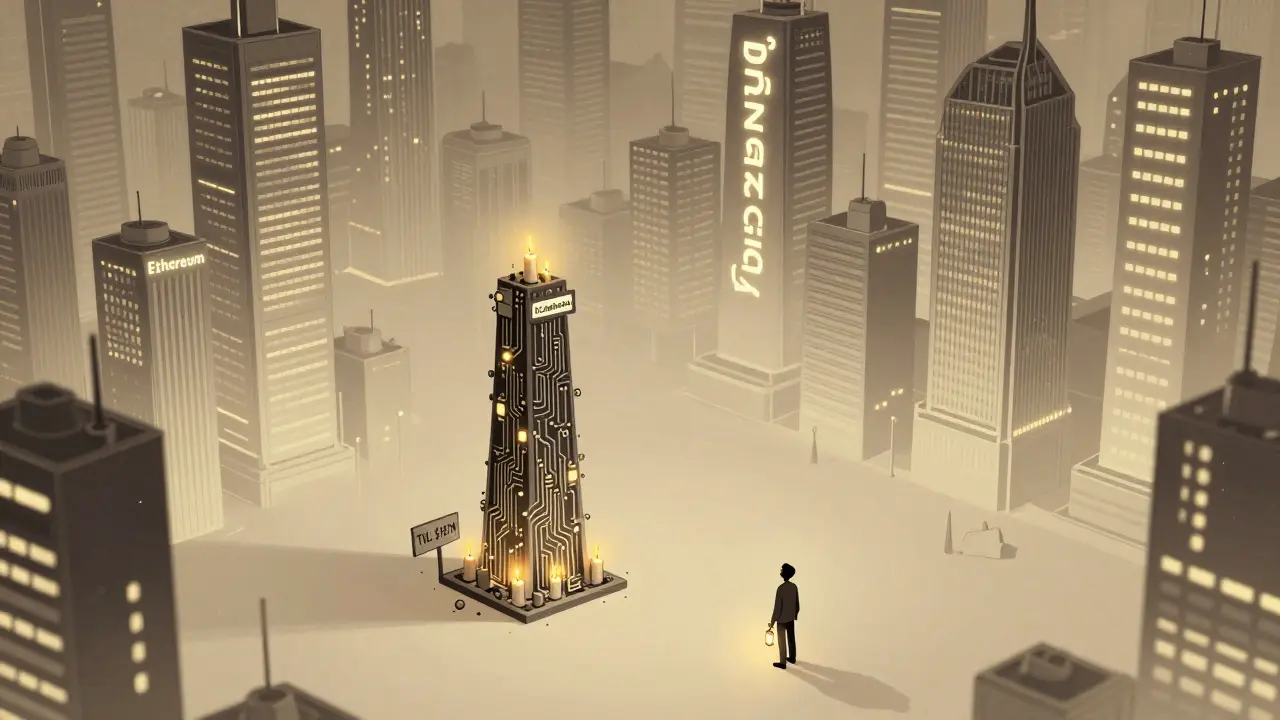 A tiny ICLighthouse DAO tower standing alone among giant crypto exchanges in a vast financial landscape.