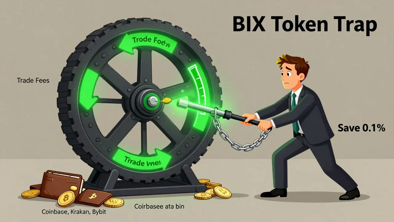 A trader trapped in a BIX token wheel, chasing fee discounts while the token's value plummets.