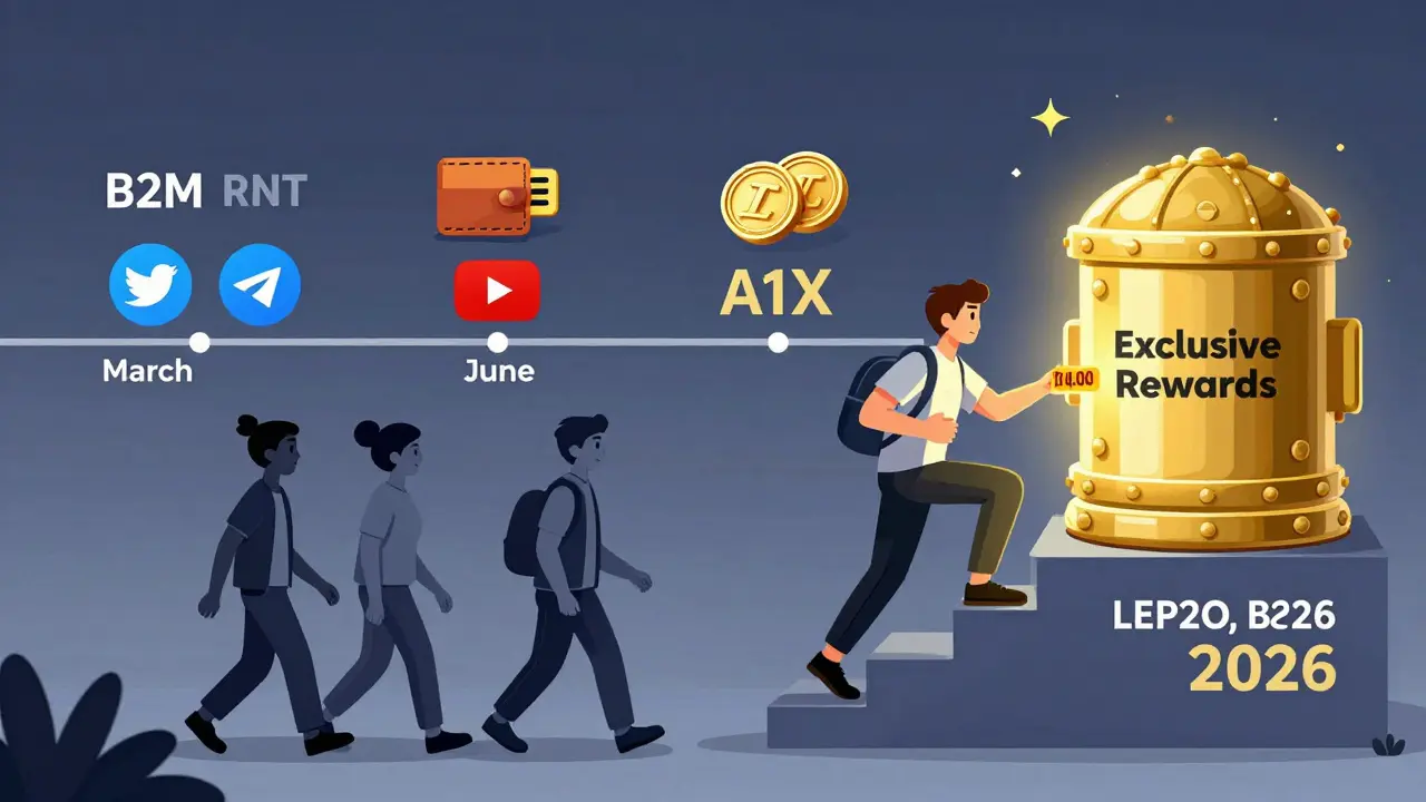 A user climbs steps marked with crypto tasks toward a vault labeled 'Exclusive Rewards' with a timeline of past airdrops below.