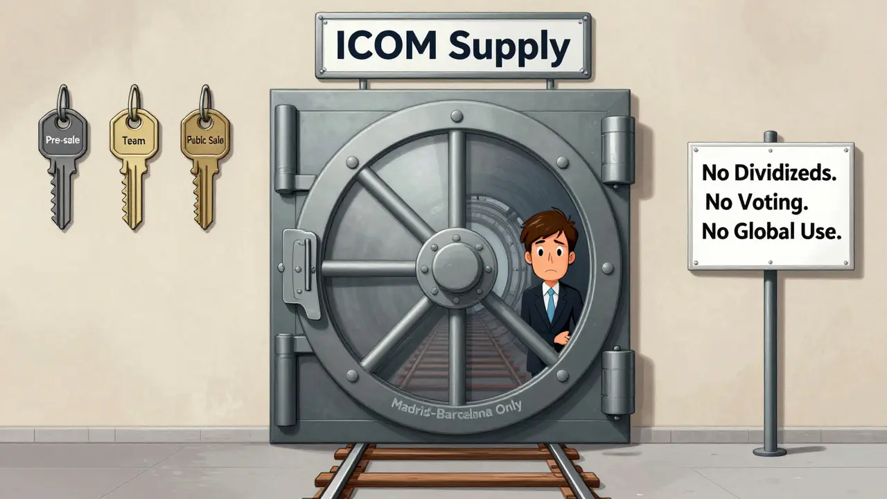 A vault labeled 'ICOM Supply' is secured by three keys, with a narrow train track labeled 'Madrid-Barcelona Only' behind it.