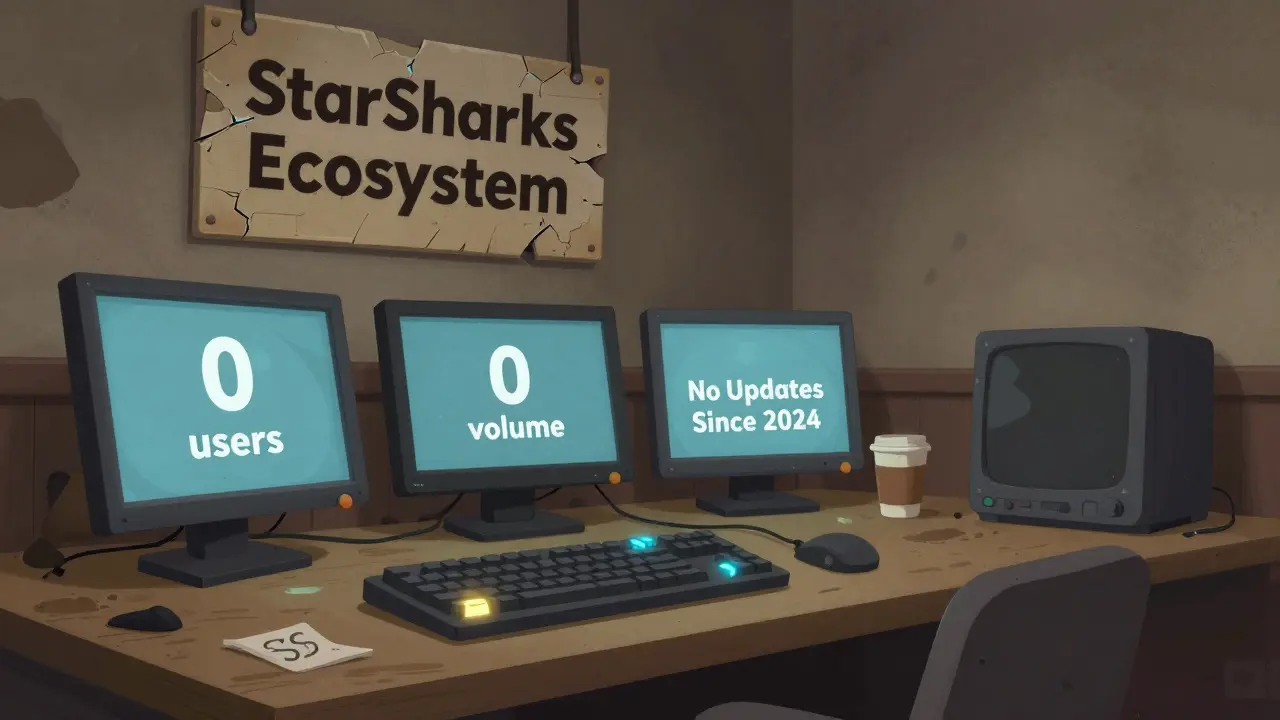 An abandoned GameFi control room with dead monitors, a dusty keyboard, and a faded sign reading 'StarSharks Ecosystem' — silence and decay prevail.