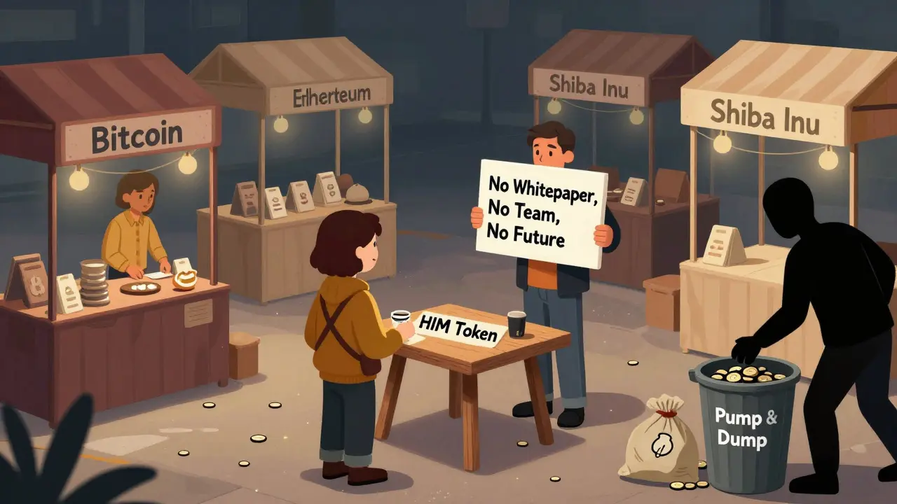 An empty marketplace with one seller and three buyers around a 'HIM Token' table, while others discard tokens into a trash bin.