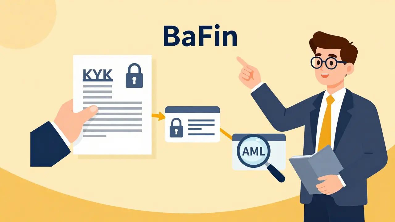 Business owner submitting documents with cybersecurity, KYC, and AML icons in a flowchart.