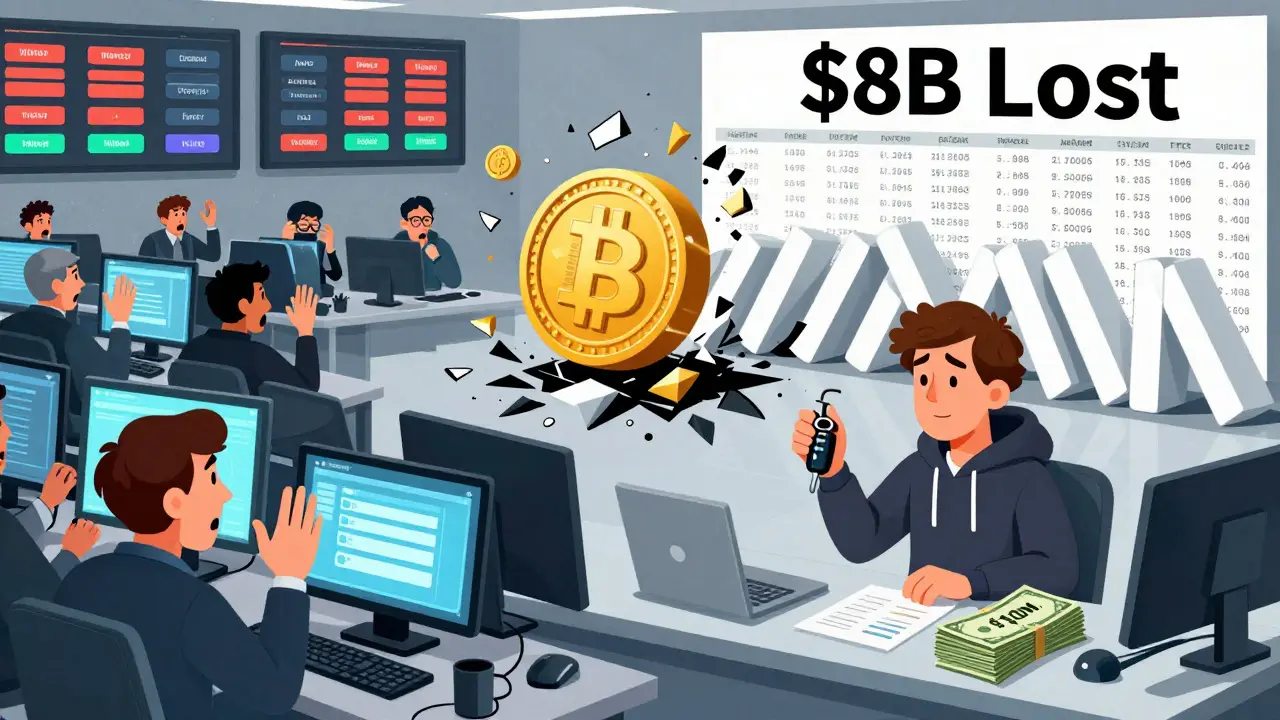 Chaotic trading floor as FTT tokens shatter and withdrawal buttons vanish, while a figure holds a private jet key.