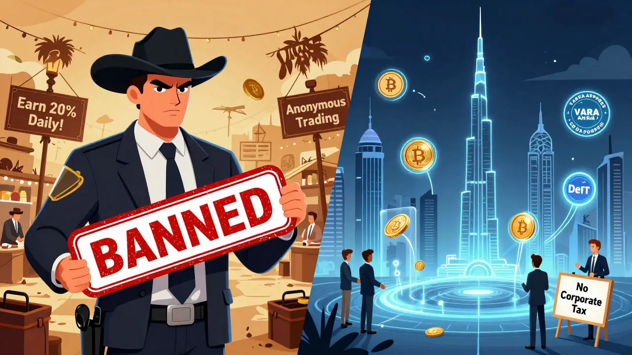Chaotic unregulated crypto market being shut down by VARA regulator versus a clean, approved crypto ecosystem in Dubai.