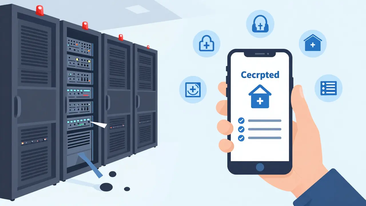 Contrast between a vulnerable centralized server room and a secure personal device managing identity credentials safely.