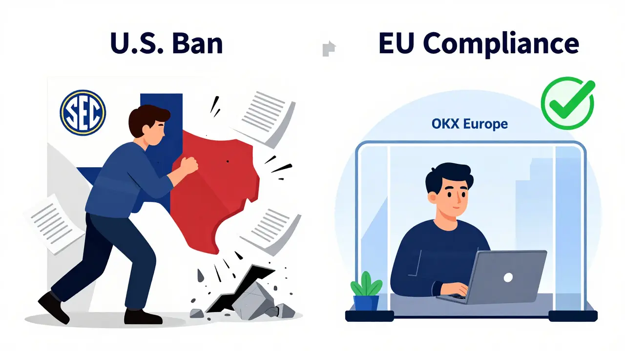 Contrasting scenes: a U.S. user blocked by a legal wall versus an EU user trading crypto safely through a compliant gateway.