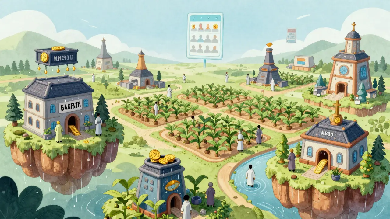 Digital farm with buildings generating tokens, players collecting rewards under a DAO voting sky.