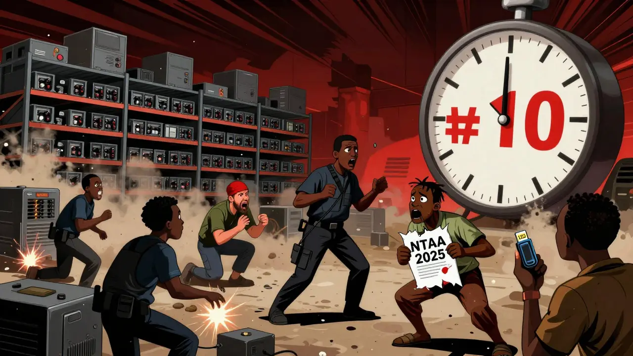 EFCC officers seizing mining equipment in a raided warehouse, miners shocked, chaotic scene with ticking clock.