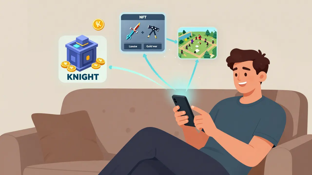 Player tapping phone while floating systems show staking, NFT marketplace, and guild battle.