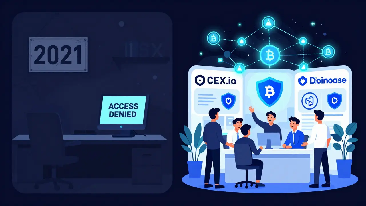 Side-by-side contrast: abandoned DSX office vs. thriving CEX.io and Coinbase hubs with security badges and happy users.
