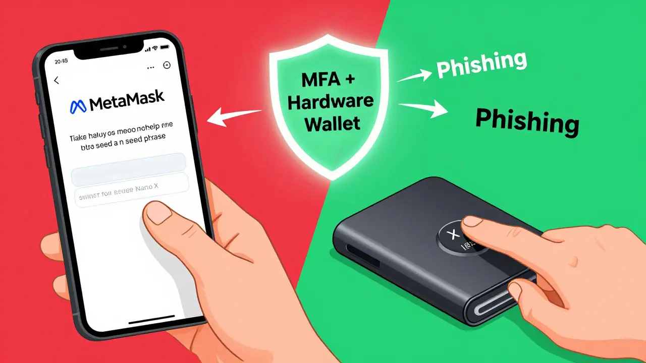 Split scene: one side shows someone entering a seed phrase on a phone, the other shows a hardware wallet approving a safe transaction.