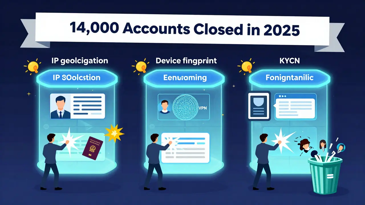 Three-layer detection system zapping a user trying to bypass restrictions with VPN and fake ID, with a banner showing 14,000 banned accounts.