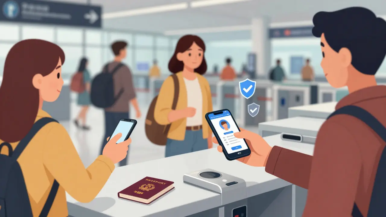 Travelers passing through airport immigration using digital IDs on their phones, replacing physical passports with instant verification.