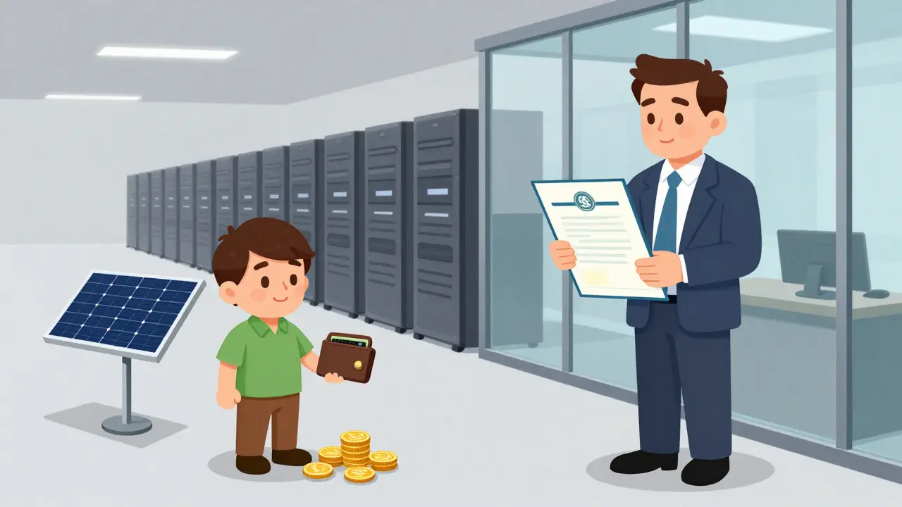 Two contrasting miners: one small-scale with solar power, one corporate with SEC license, in satirical contrast.