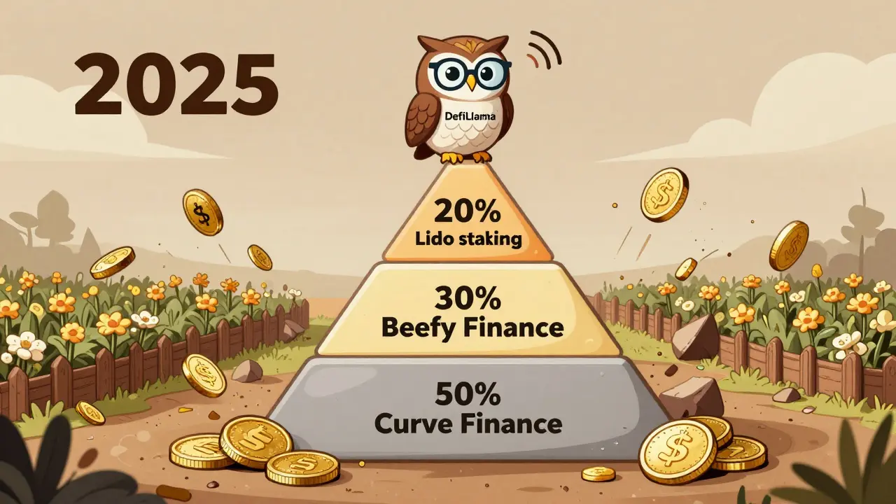 A balanced yield farming pyramid with key platforms and an owl guardian watching for risks.